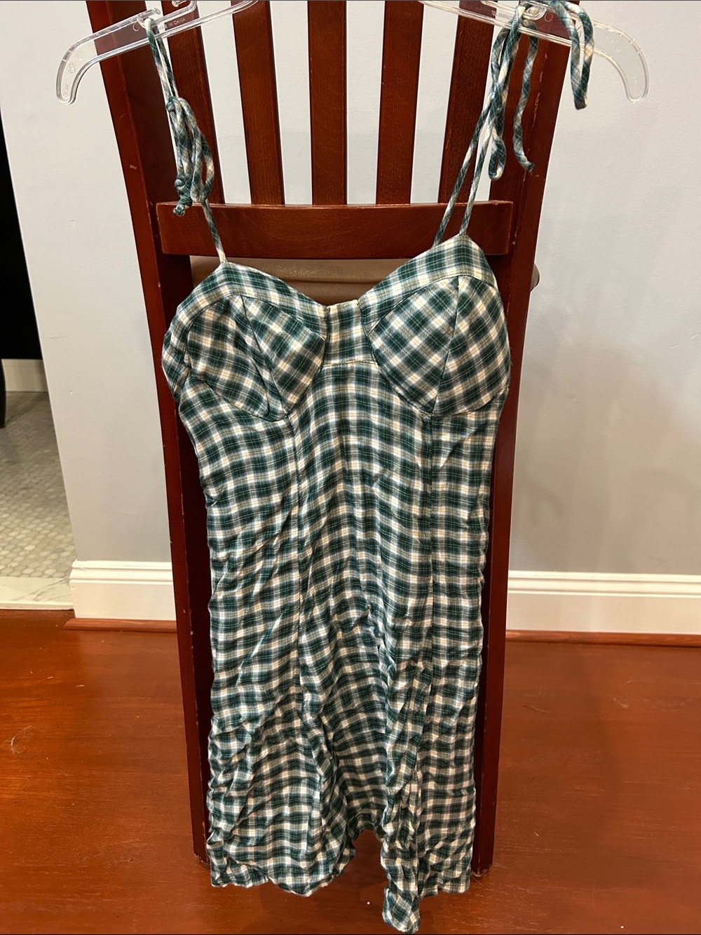 American Eagle Outfitters Green Plaid Tie-Shoulder Mini Dress